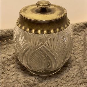 Vintage pressed/cut glass pineapple design jar with ruffled silver plate lid